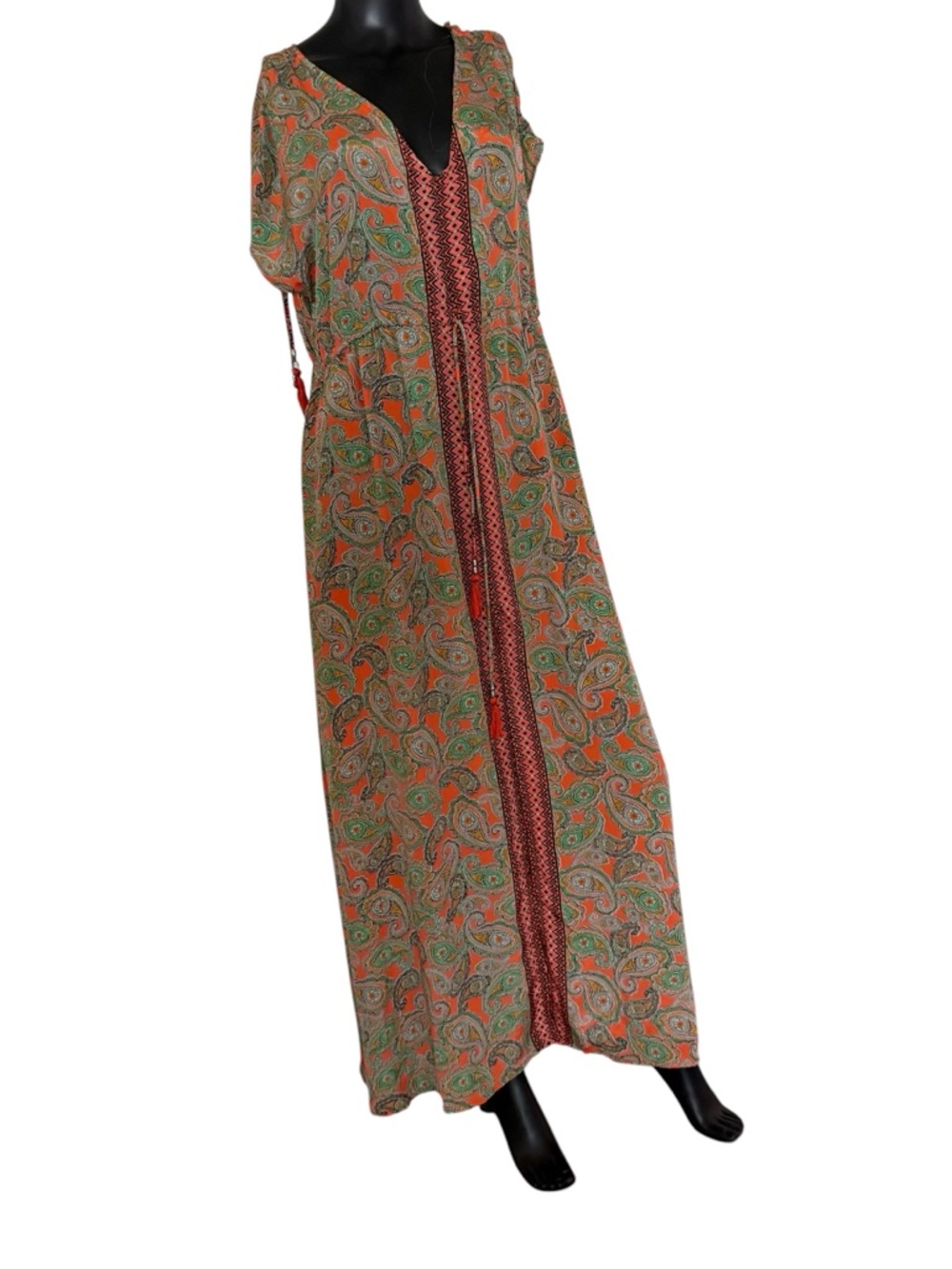 Paisley Print Orange & Green Maxi Dress with Center Panel